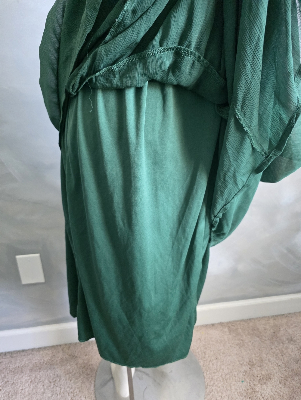 Women's Sleeveless Deep Green V Neck Dress Ruffle Tiered Midi Sz L Babydoll - Picture 8 of 9